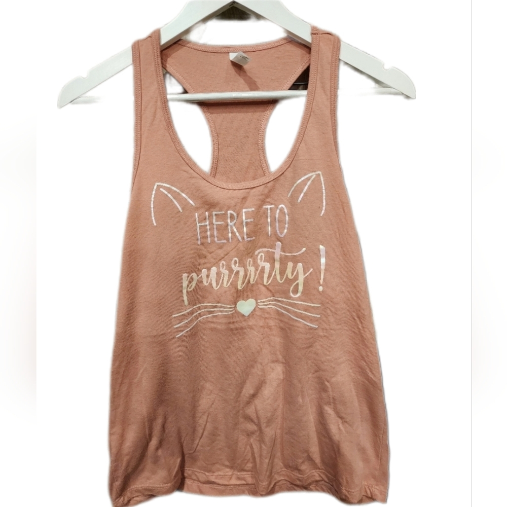 Here To Party Purrty Cat Tank Top Dusty Rose Pink Medium Racerback Ideal T Next